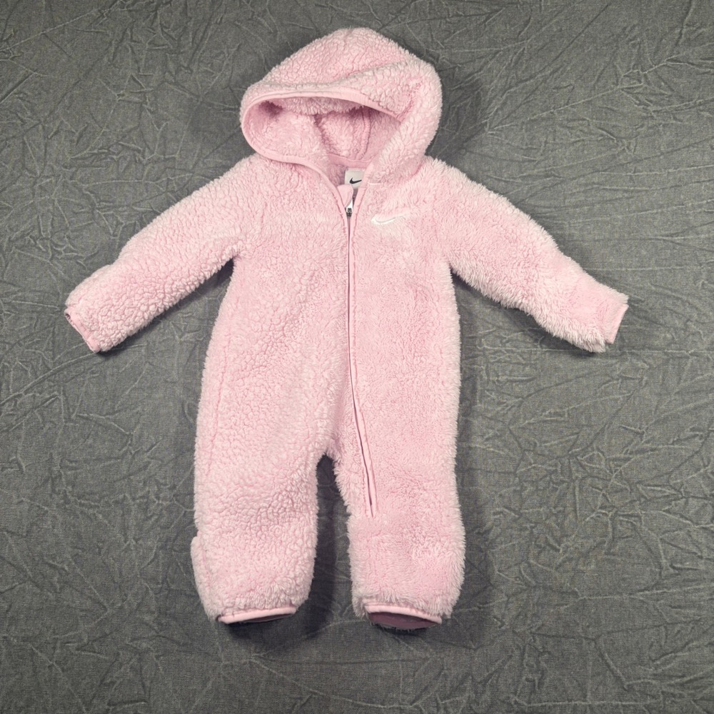 Nike Coverall Baby 3M Pink Sherpa Fleece Hooded Pram Suit Full Zip Embroidered